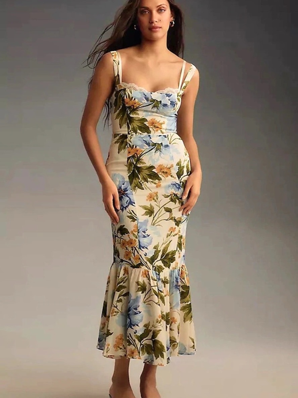Reformation Verona Dress Floral Midi Dress in White & Blue Size 12 NWT